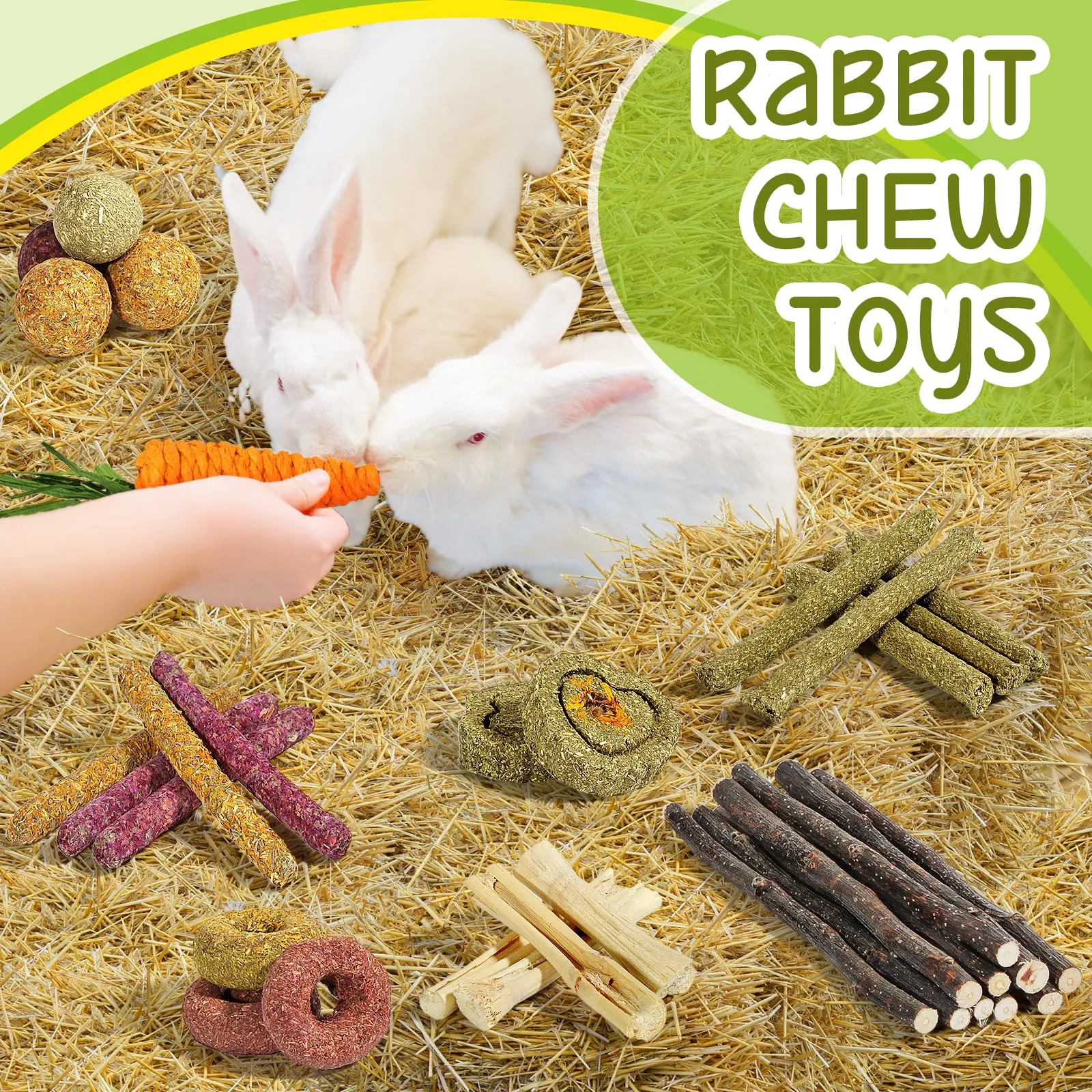 DBLPMF 34 PCS Bunny Chew Toys for Rabbit, Rabbit Toys, Natural Rabbit Treats for Bunnies Chinchillas, Guinea Pigs Teeth Care