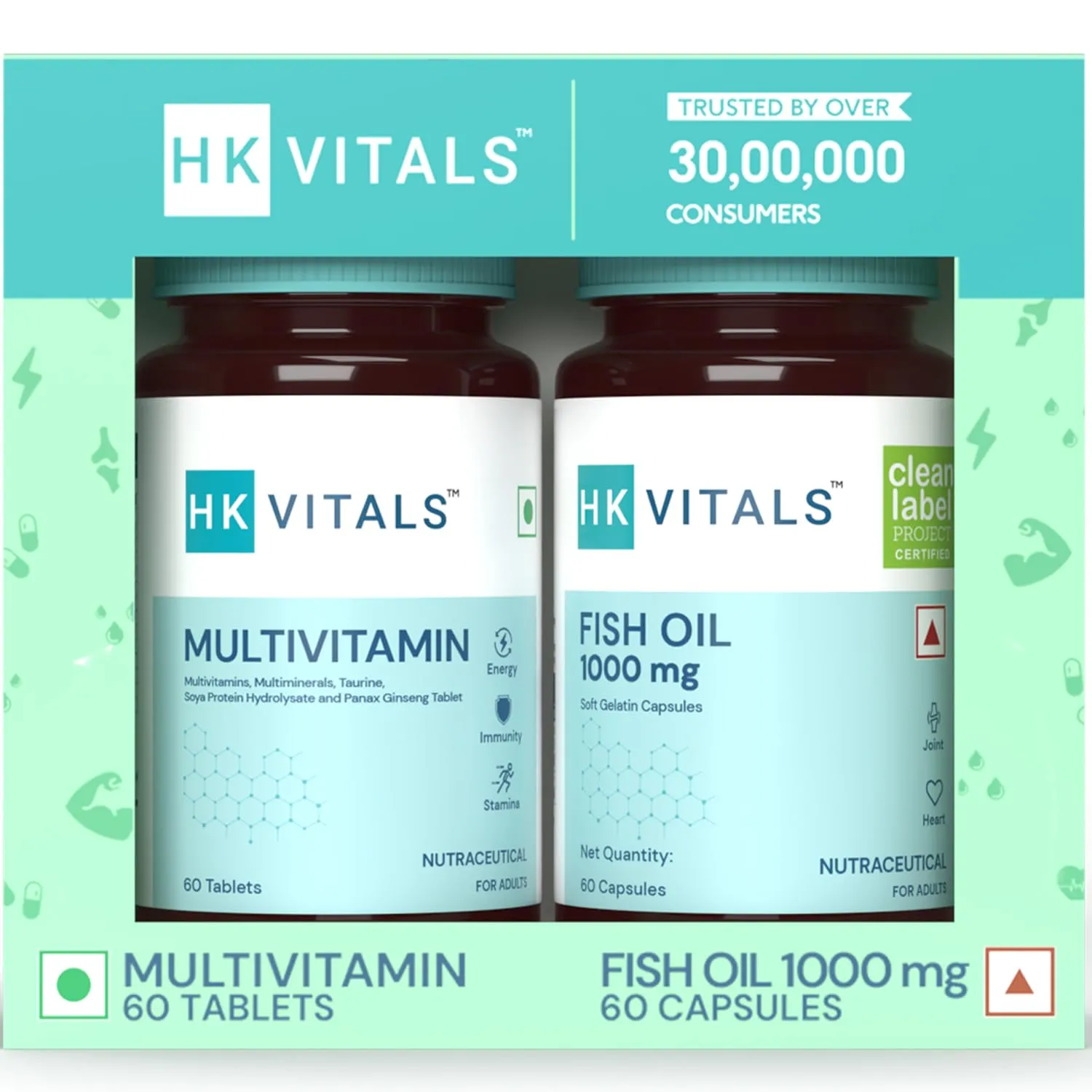 HealthKart HK Vitals Fish Oil and Multivitamin Combo, 60 Omega 3 Fish Oil Capsules (1000 mg Omega 3 with 180 mg EPA & 120 mg DHA) & 60 Multivitamin Tablets | Enhances Energy, Immunity & Joints Health