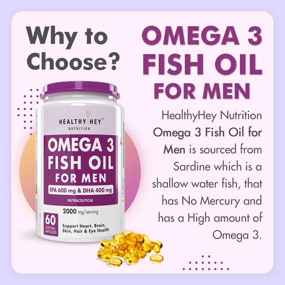 HealthyHey Nutrition Omega 3 Fish Oil for Men - 2000 Mg/serving - 60 Softgel Capsules (600 EPA & 400 DHA)