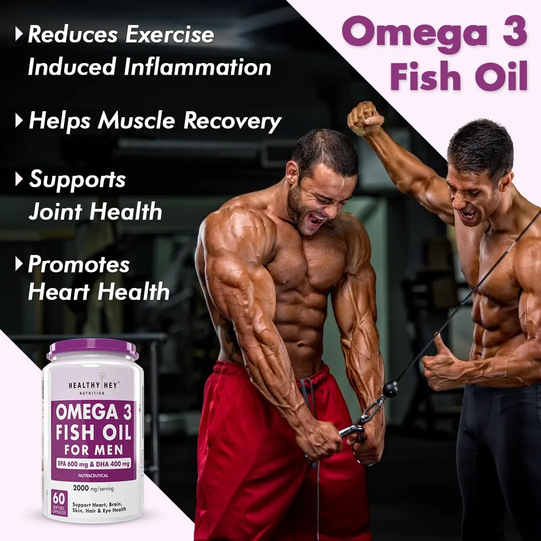 HealthyHey Nutrition Omega 3 Fish Oil for Men - 2000 Mg/serving - 60 Softgel Capsules (600 EPA & 400 DHA)