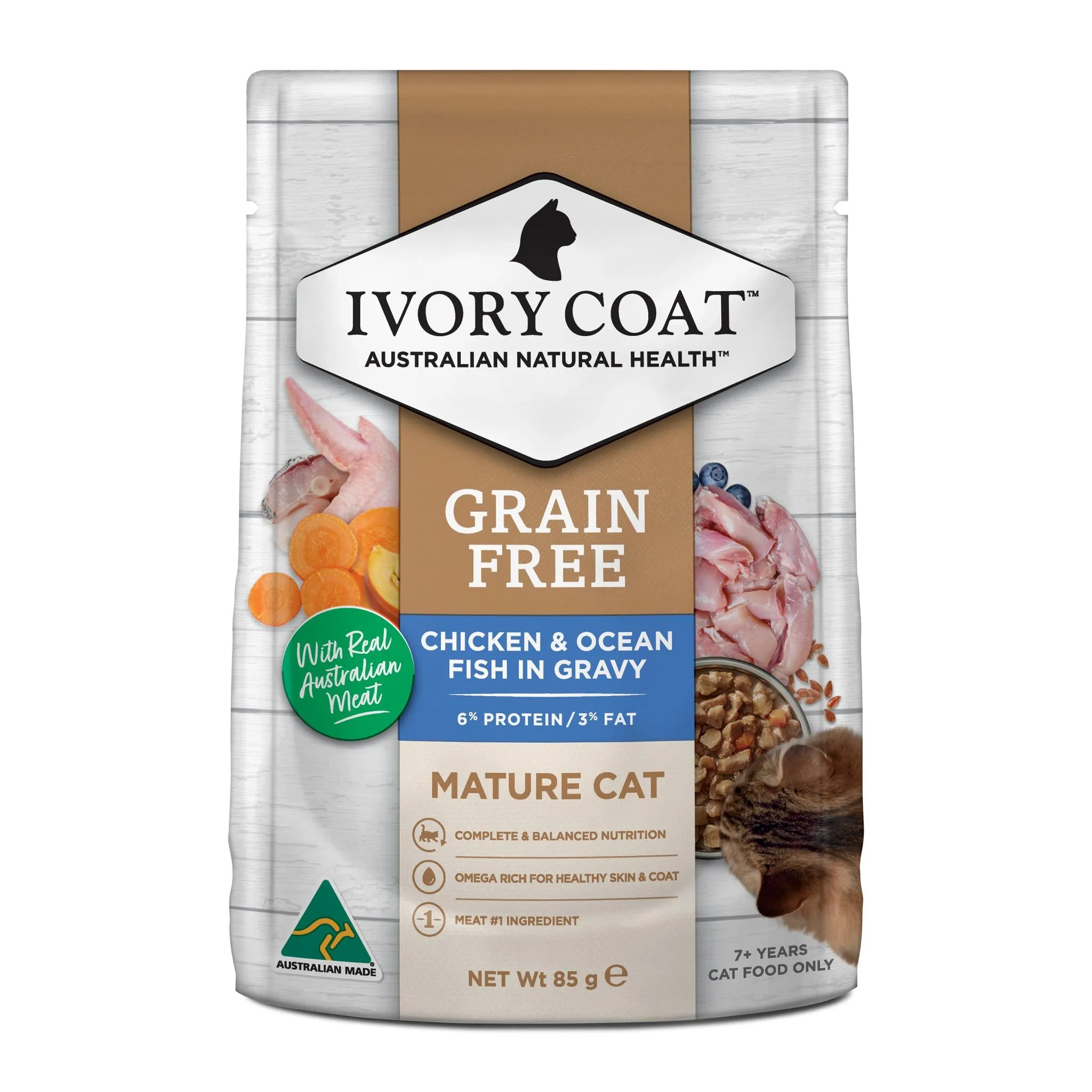 Ivory Coat Grain Free Mature Chicken & Fish in Gravy Cat Wet Food 85g x 12