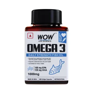 WOW Life Science Omega-3 Fish Oil 1000mg - 60 Capsules| For Men & Women | Daily Strength - 180 mg EPA & 120 mg DHA| For Muscle & Joint Support, Healthy Heart & Cognitive Support| No Fishy Burps